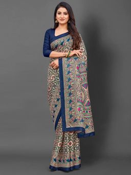 Akhilam - Womens Khadi Silk Blue Printed Designer Saree with Unstitched Blouse