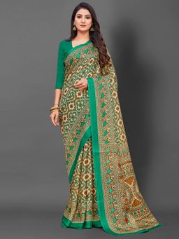 Akhilam - Womens Khadi Silk Green Printed Designer Saree with Unstitched Blouse