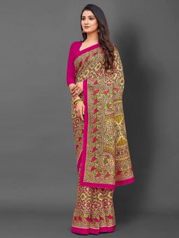 Akhilam - Womens Khadi Silk Magenta Printed Designer Saree with Unstitched Blouse