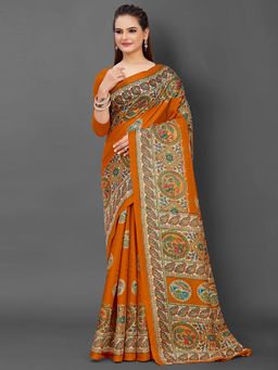 Akhilam - Womens Khadi Silk Orange Printed Designer Saree with Unstitched Blouse