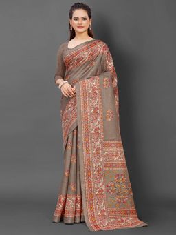 Akhilam - Womens Khadi Silk Brown Printed Designer Saree with Unstitched Blouse