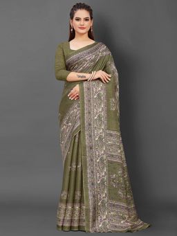 Akhilam - Womens Khadi Silk Olive Printed Designer Saree with Unstitched Blouse