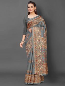 Akhilam - Womens Khadi Silk Grey Printed Designer Saree with Unstitched Blouse