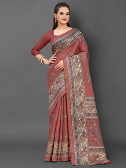 Akhilam - Womens Khadi Silk Rust Printed Designer Saree with Unstitched Blouse