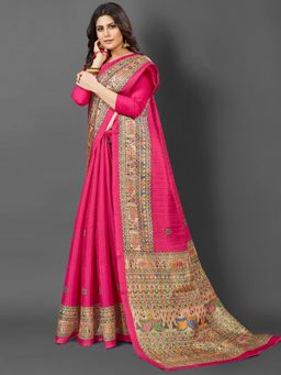 Akhilam - Womens Khadi Silk Pink Printed Designer Saree with Unstitched Blouse