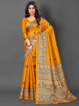 Akhilam - Womens Khadi Silk Yellow Printed Designer Saree with Unstitched Blouse