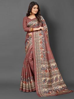 Akhilam - Womens Khadi Silk Brown Printed Designer Saree with Unstitched Blouse