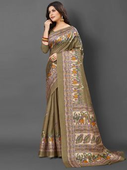 Akhilam - Womens Khadi Silk Olive Printed Designer Saree with Unstitched Blouse