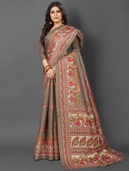 Akhilam - Womens Khadi Silk Brown Printed Designer Saree with Unstitched Blouse