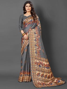 Akhilam - Womens Khadi Silk Grey Printed Designer Saree with Unstitched Blouse