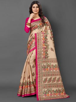 Akhilam - Womens Khadi Silk Pink Printed Designer Saree with Unstitched Blouse