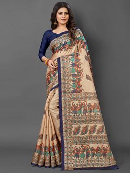 Akhilam - Womens Khadi Silk Blue Printed Designer Saree with Unstitched Blouse