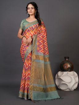 Akhilam - Womens Cotton Silk Multi-Color Printed Designer Saree with Unstitched Blouse