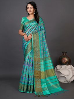 Akhilam - Womens Cotton Silk Blue Printed Designer Saree with Unstitched Blouse