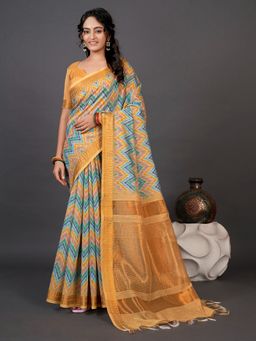 Akhilam - Womens Cotton Silk Yellow Printed Designer Saree with Unstitched Blouse