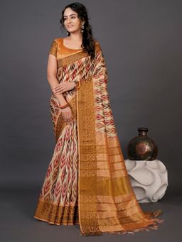 Akhilam - Womens Cotton Silk Beige Printed Designer Saree with Unstitched Blouse