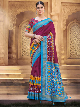 Akhilam - Womens Silk Blend Magenta Printed Designer Saree with Unstitched Blouse