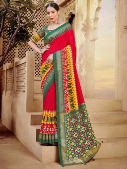 Akhilam - Womens Silk Blend Red Printed Designer Saree with Unstitched Blouse
