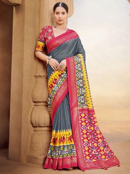Akhilam - Womens Silk Blend Grey Printed Designer Saree with Unstitched Blouse