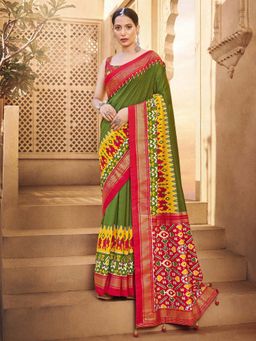 Akhilam - Womens Silk Blend Olive Printed Designer Saree with Unstitched Blouse