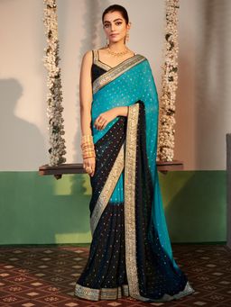 Akhilam - Womens Georgette Blue Printed Designer Saree with Unstitched Blouse