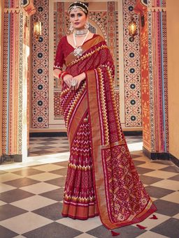 Akhilam - Womens Silk Blend Maroon Printed Designer Saree with Unstitched Blouse