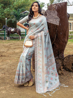 Akhilam - Womens Silk Blend Grey Printed Designer Saree with Unstitched Blouse