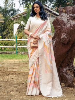 Akhilam - Womens Silk Blend Cream Woven Designer Saree with Unstitched Blouse