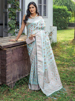 Akhilam - Womens Silk Blend Turquoise Blue Woven Designer Saree with Unstitched Blouse