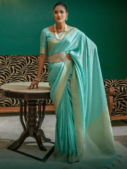 Akhilam - Womens Silk Blend Turquoise Blue Woven Designer Saree with Unstitched Blouse