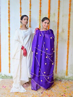 Mera Rang - Key Hole Jamun Pant and Organza Dupatta - Set Of 3