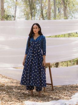 Mera Rang - Indigo Polka Kalidar Bahaar Dress with Indigo Pants - Set Of 2
