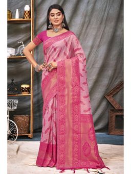 Sangam Prints - Beige Organza Woven Zari Work Traditional Tassel Saree with Unstitched Blouse