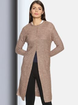 CLAPTON - Womens Wool Blend Dusty Camel Full Sleeve Solid Self Design Round Neck Cardigan