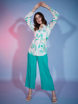 Buynewtrend - White & Turquoise Printed Rayon Womens Shirt & Palazzo (Set of 3)