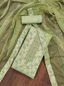 Zeepkart - Green Jacquard Embroidered Unstitched Kurta with Bottom and Dupatta (Set of 3)