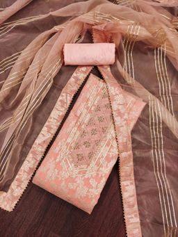 Zeepkart - Peach Jacquard Embroidered Unstitched Kurta with Bottom and Dupatta (Set of 3)