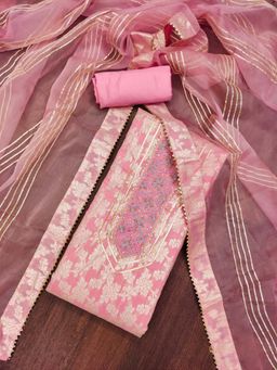 Zeepkart - Pink Jacquard Embroidered Unstitched Kurta with Bottom and Dupatta (Set of 3)