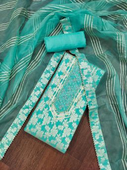 Zeepkart - Teal Jacquard Embroidered Unstitched Kurta with Bottom and Dupatta (Set of 3)
