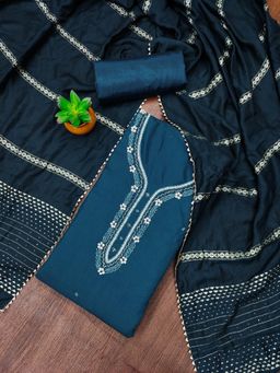 Zeepkart - Blue Cotton Embroidered Unstitched Kurta with Bottom and Dupatta (Set of 3)