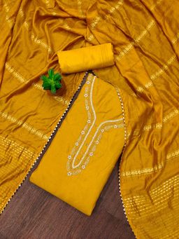 Zeepkart - Gold Cotton Embroidered Unstitched Kurta with Bottom and Dupatta (Set of 3)