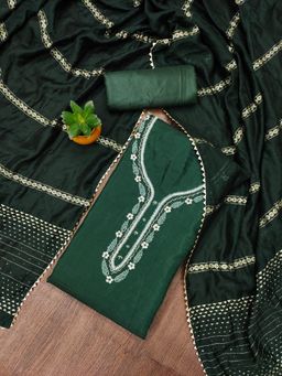 Zeepkart - Green Cotton Embroidered Unstitched Kurta with Bottom and Dupatta (Set of 3)