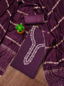 Zeepkart - Purple Cotton Embroidered Unstitched Kurta with Bottom and Dupatta (Set of 3)