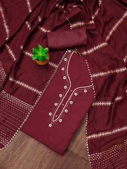 Zeepkart - Red Cotton Embroidered Unstitched Kurta with Bottom and Dupatta (Set of 3)