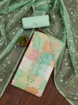 Zeepkart - Green Organza Embroidered Unstitched Kurta with Bottom and Dupatta (Set of 3)