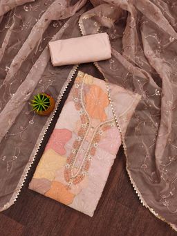 Zeepkart - Orange Organza Embroidered Unstitched Kurta with Bottom and Dupatta (Set of 3)