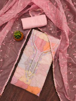 Zeepkart - Pink Organza Embroidered Unstitched Kurta with Bottom and Dupatta (Set of 3)