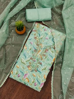 Zeepkart - Green Organza Embroidered Unstitched Kurta with Bottom and Dupatta (Set of 3)