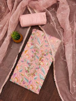 Zeepkart - Peach Organza Embroidered Unstitched Kurta with Bottom and Dupatta (Set of 3)