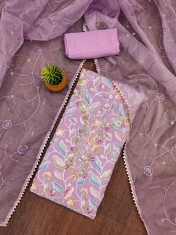 Zeepkart - Purple Organza Embroidered Unstitched Kurta with Bottom and Dupatta (Set of 3)